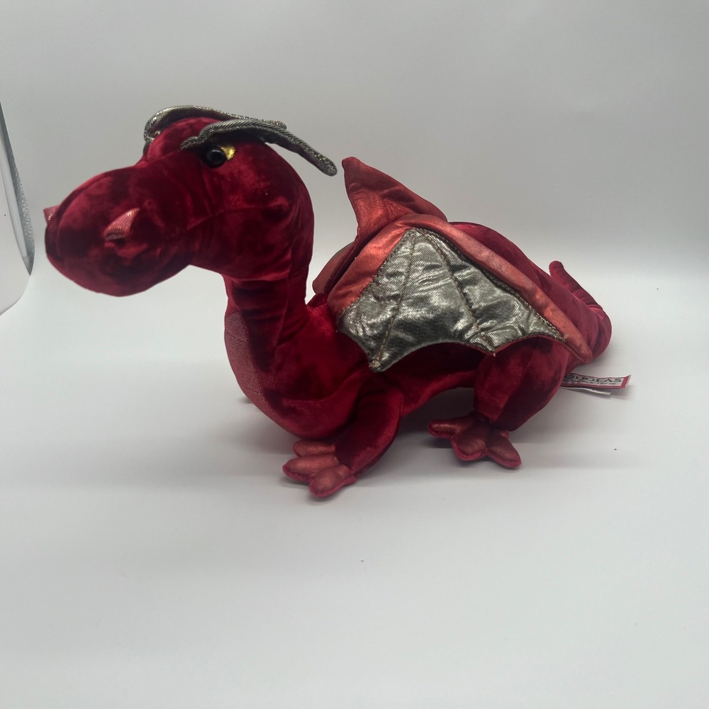 Douglas Cuddle Toys Red Dragon Plush Stuffed Animal Metallic Wings Silver Horns